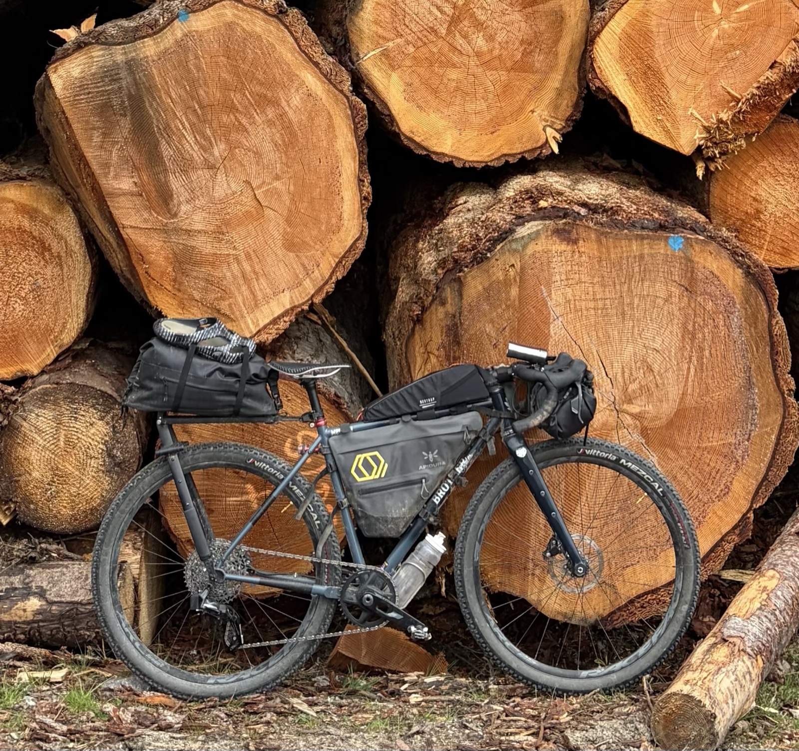 My bike leant against a huge log pile somewhere near Fort Augustus